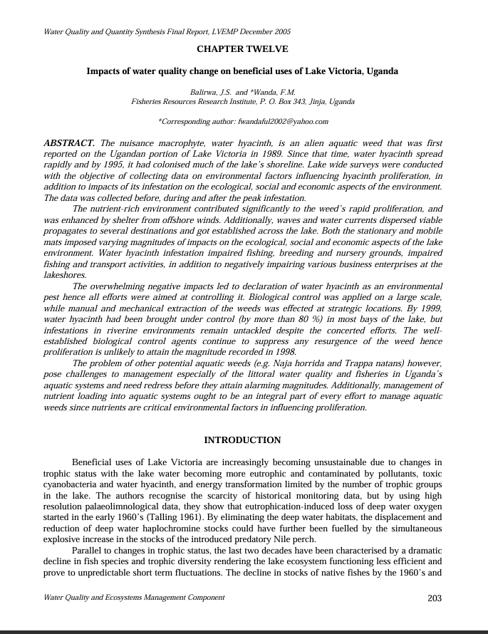 Chapter 12 Impacts on beneficial uses